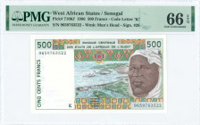 WEST AFRICAN STATES / SENEGAL: 500 Francs (1996) in dark brown and dark green on multicolor unpt with man at right and flood control dam at center. S/...