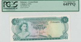 BAHAMAS: 1 DOllar (ND 1974) in dark blue-green on multicolor unpt with Queen Elizabeth II at left. S/N: "T 284498". Printed by TDLR. Inside holder by ...