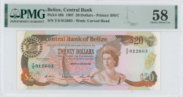 BELIZE: 20 Dollars (1.1.1987) in brown on multicolor unpt with Queen Elizabeth II at center right 3/4 looking left. S/N: "T/6 012603". Printed by (BWC...