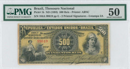BRAZIL: 500 Reis (ND 1893) in black on yellow unpt with woman with sheep at left and portrait of woman at right. S/N: "104A 99619 pp E". Two printed s...