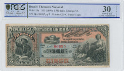 BRAZIL: 5 Mil Reis (ND 1890) in black on pink and blue unpt with man at left and woman seated at right. S/N: "54A 86695 pp E". Printed by ABNC. Inside...