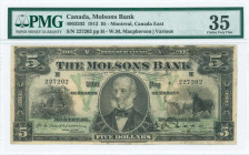 CANADA (MOLSONS BANK): 5 Dollars (2.1.1912) in black on green unpt with portrait of W Molson at center, two beehives at left and two steers at right. ...