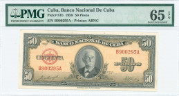 CUBA: 50 Pesos (1958) in black on yellow unpt with portrait of Calixto Garcia Iniguez at center. Red S/N: "B 900295 A". Printed by ABNC. Inside holder...