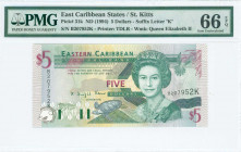 EAST CARIBBEAN STATES / ST KITTS: 5 Dollars (ND 1994) in dark green, black and violet on multicolor unpt with Queen Elizabeth II at center right. S/N:...