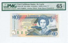 EAST CARIBBEAN STATES / ST LUCIA: 10 Dollars (ND 1994) in dark blue, black and red on multicolor unpt with Queen Elizabeth II at center right. S/N: "C...