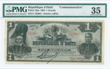 HAITI: 1 Gourde (1904) in black on blue-gray unpt with portraits of Dessalines at left and Nord Alexis at right. S/N: "E 135081". Commemorative issue ...