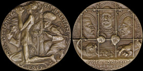 GERMANY: Bronze medal "The wooing of the Balkan Kings" (1915). From left to right on obverse, President Poincare, British killed soldier, King Victor ...