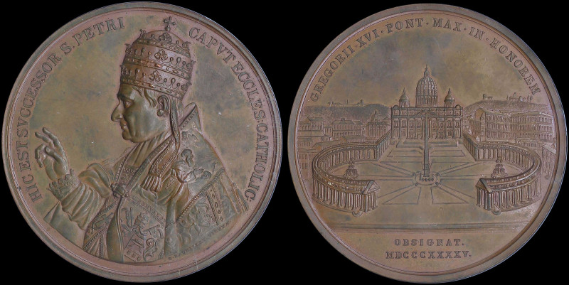 PAPAL STATES / VATICAN: Bronze medal (1845). Pope Gregory XVI blessing on obvers...