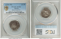 Philip II Cob 1/2 Real ND (1572-1589) AU53 PCGS, Mexico City mint, KM20, Cal-126. A chiseled piece, showing sharply struck motifs and a nice round fla...