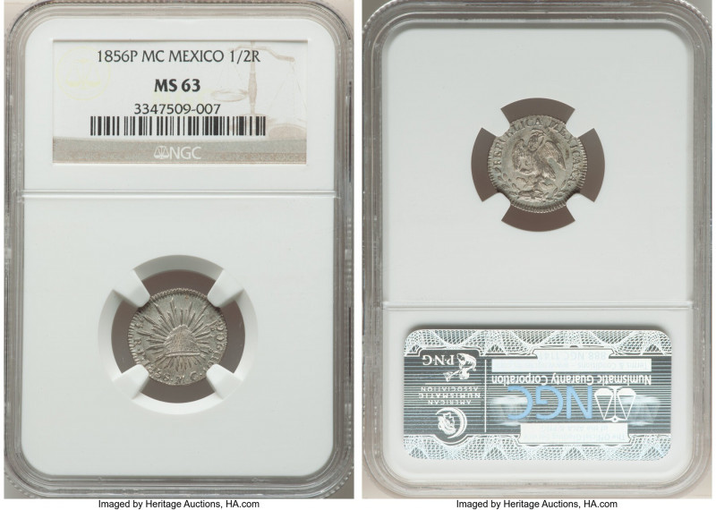 Republic 1/2 Real 1856 P-MC MS63 NGC, San Luis de Potosi mint, KM370.10. Well-st...