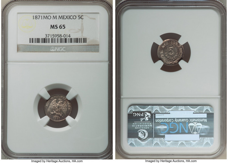 Republic 5 Centavos 1871 Mo-M MS65 NGC, Mexico City mint, KM398.7. Showing gloss...