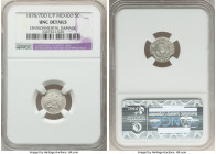 Republic 5 Centavos 1878/7 Do-E/P UNC Details (Environmental Damage) NGC, Durango mint, KM398.3. Mintage: 4,300. Overdate variety. From a low mintage,...