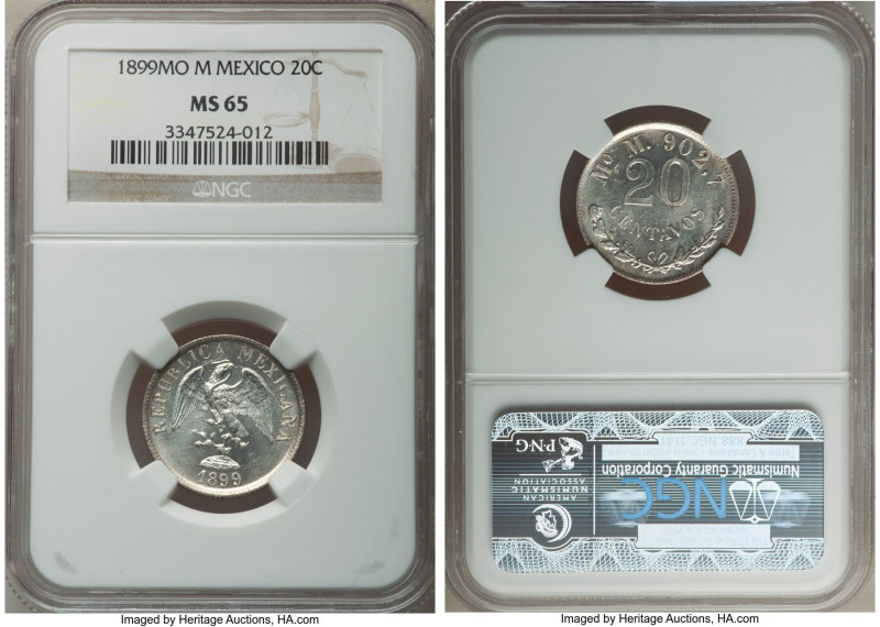 Republic 20 Centavos 1899 Mo-M MS65 NGC, Mexico City mint, KM405.2. An impressiv...