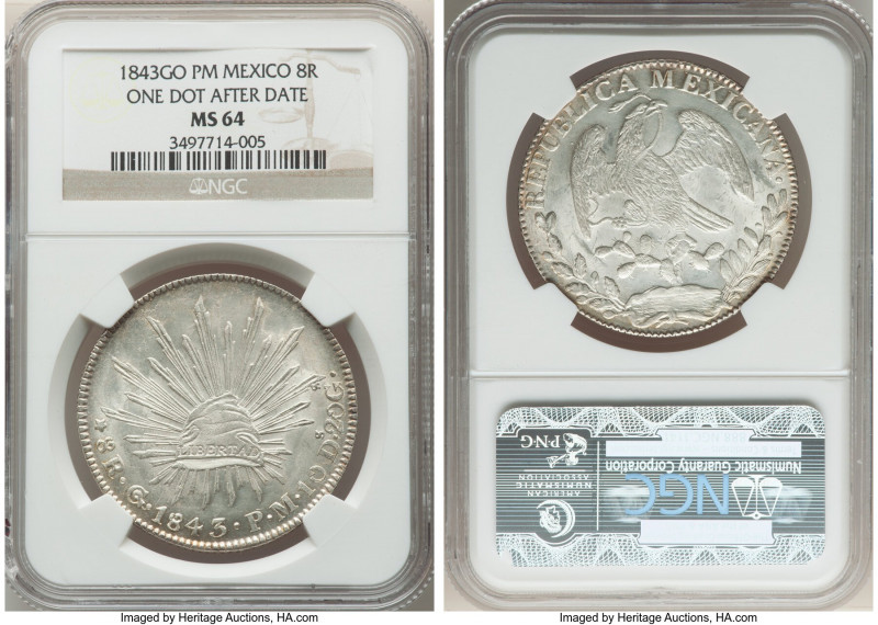 Republic 8 Reales 1843 Go-PM MS64 NGC, Guanajuato mint, KM377.8. One dot after d...