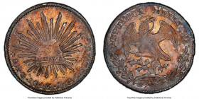 Republic 8 Reales 1843 Ga-JG MS62 PCGS, Guadalajara mint, KM377.6, DP-Ga23 (Rare). Coin alignment. Gold, rose, russet, cobalt and purple shades of ton...