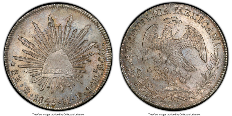 Republic 8 Reales 1845 Mo-MF MS63 PCGS, Mexico City mint, KM377.10. A commendabl...