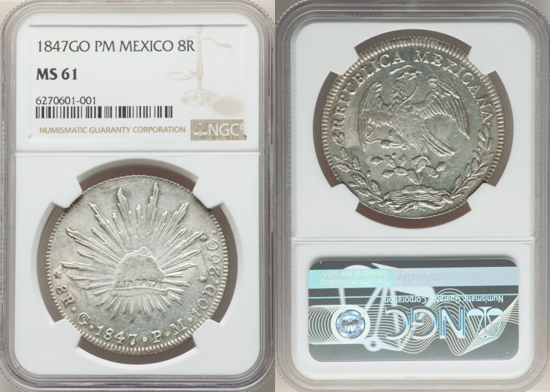 Republic 8 Reales 1847 Go-PM MS61 NGC, Guanajuato mint, KM377.8. Showing lustrou...