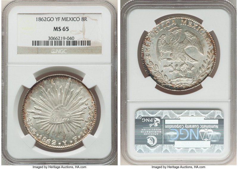 Republic 8 Reales 1862 Go-YF MS65 NGC, Guanajuato mint, KM377.8, DP-Go47. An imp...
