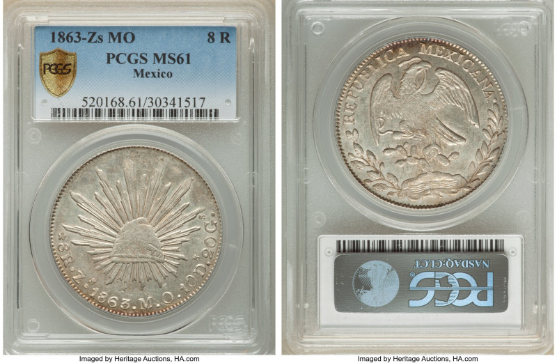 Republic 8 Reales 1863 Zs-MO MS61 PCGS, Zacatecas mint, KM377.13. A boldly struc...