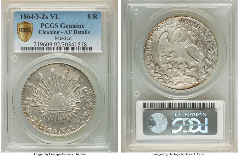 Republic 8 Reales 1864/3 Zs-VL AU Details (Cleaning) PCGS, Zacatecas mint, KM377...