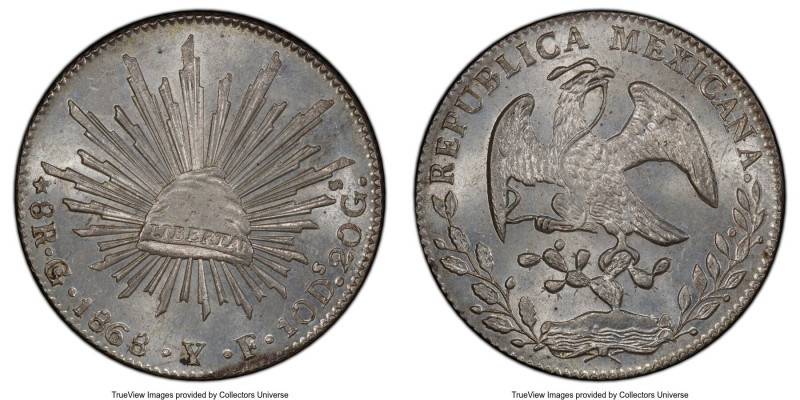 Republic 8 Reales 1868 Go-YF MS65 PCGS, Guanajuato mint, KM377.8, DP-Go50. A sci...