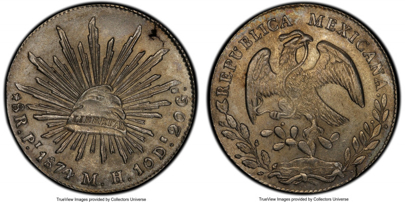Republic 8 Reales 1874 Pi-MH AU58 PCGS, San Luis Potosi mint, KM377.12. Apart fr...
