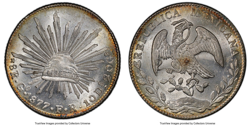 Republic 8 Reales 1877 Go-FR MS63+ PCGS, Guanajuato mint, KM377.8, DP-Go57. A te...