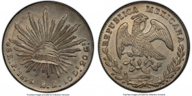 Republic 8 Reales 1879 Pi-BE AU58 PCGS, San Luis Potosi mint, KM377.12. A quality specimen that exhibits excellently preserved devices and lightly ton...