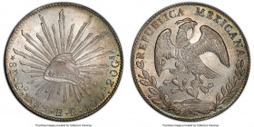 Republic 8 Reales 1883 Go-BR MS64+ PCGS, Guanajuato mint, KM377.8, DP-Go65. Bearing the second-highest rating awarded by PCGS to this type, this offer...