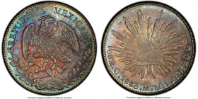 Republic 8 Reales 1883 Ca-MM MS64 PCGS, Chihuahua mint, KM377.2. With fields that shift between sunset and sea colorations, this offering is undoubted...