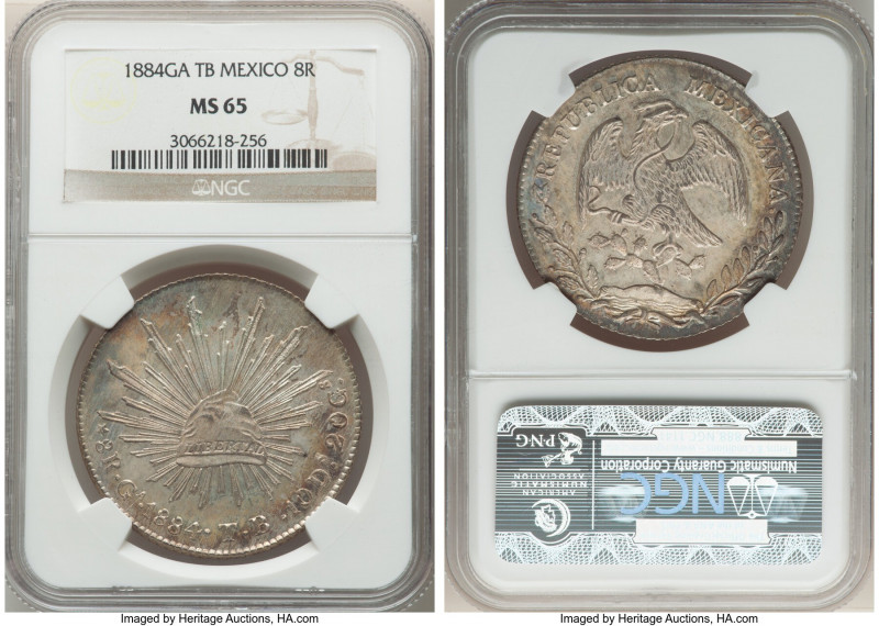 Republic 8 Reales 1884 Ga-TB MS65 NGC, Guadalajara mint, KM377.6, DP-Ga68. Award...