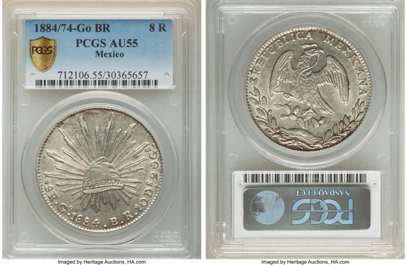 Republic 8 Reales 1884/74 Go-BR AU55 PCGS, Guanajuato mint, KM377.8. A very resp...