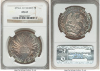 Republic 8 Reales 1885 Ga-AH MS65 NGC, Guadalajara mint, KM377.6. A mesmerizing piece, offering stunning glossy fields decorated by an electric rainbo...