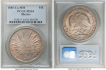 Republic 8 Reales 1885 Ca-MM MS64 PCGS, Chihuahua mint, KM377.2. A specimen with rose and champagne toning that bubbles with excitement. If the colors...