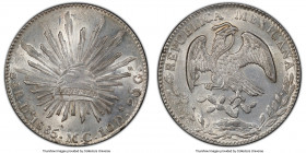 Republic 8 Reales 1885 Do-MC MS62 PCGS, Durango mint, KM377.4, DP-Do73. This well-balanced specimen boasts an icy coloration that shimmers with cartwh...