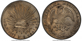 Republic 8 Reales 1887 Pi-MR AU53 PCGS, San Luis Potosi mint, KM377.12. An example of the type that is enlivened by a meaty gunmetal pigment and a not...