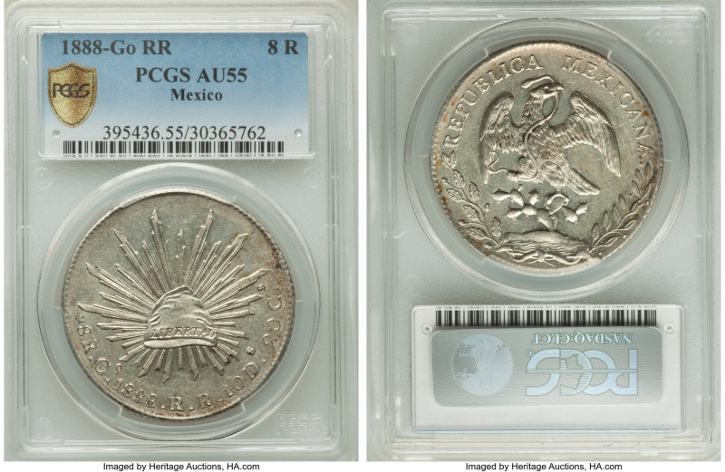 Republic 8 Reales 1888 Go-RR AU55 PCGS, Guanajuato mint, KM377.8. A bold strike ...
