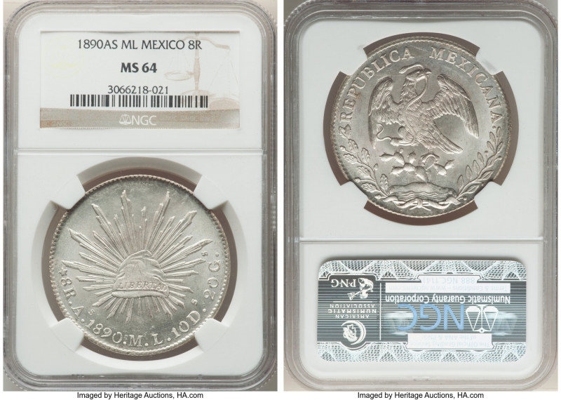 Republic 8 Reales 1890 As-ML MS64 NGC, Alamos mint, KM377, DP-As30. An impressiv...