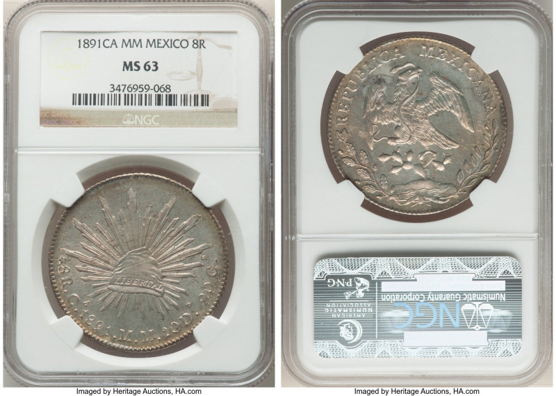 Republic 8 Reales 1891 Ca-MM MS63 NGC, Chihuahua mint, KM377.2. An offering comp...