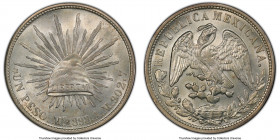 Republic Restrike Peso 1898 Mo-AM MS65 PCGS, Mexico City mint, KM409.2. Well-balanced and sharply chiseled, this 1949 restrike delights in its highly ...