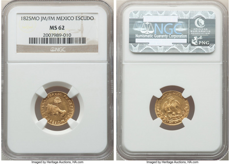 Republic gold Escudo 1825 Mo-JM/FM MS62 NGC, Mexico City mint, KM379.5. Although...