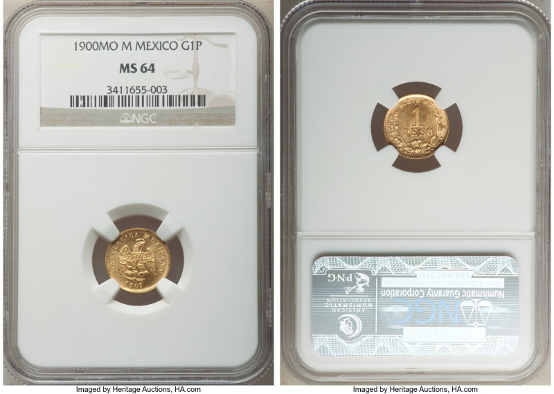 Republic gold Peso 1900 Mo-M MS64 NGC, Mexico City mint, KM410.5. A fine represe...