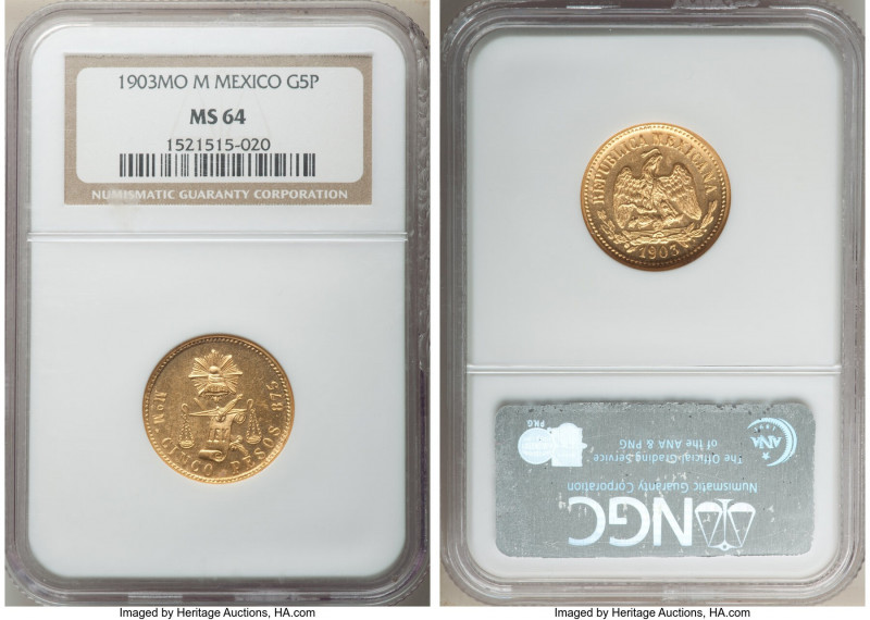 Republic gold 5 Pesos 1903 Mo-M MS64 NGC, Mexico City mint, KM412.6, Fr-128. By ...