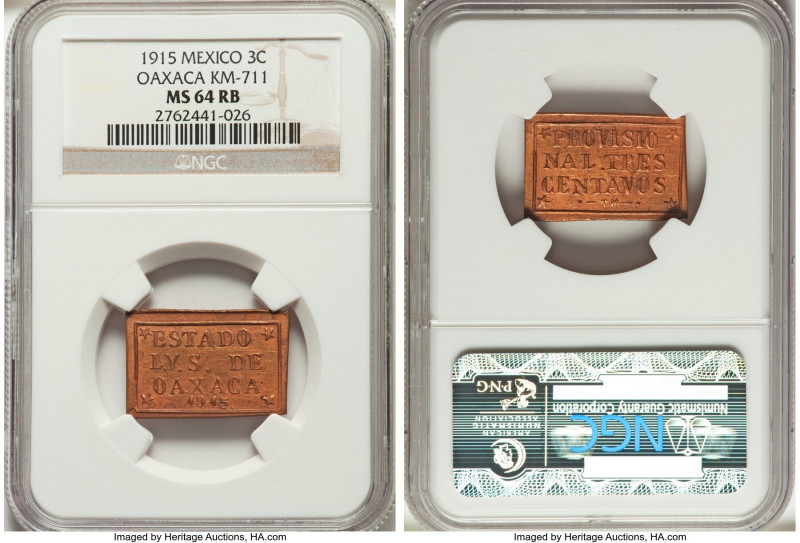 Oaxaca. Revolutionary 3 Centavos 1915 MS64 Red and Brown NGC, KM711. A near-gem ...