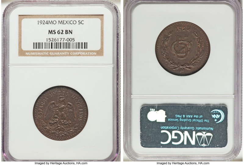 Estados Unidos 5 Centavos 1924-Mo MS62 Brown NGC, Mexico City mint, KM422. One o...