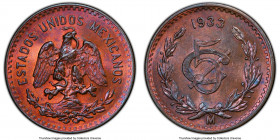Estados Unidos 5 Centavos 1933-Mo MS64 Red and Brown PCGS, Mexico City mint, KM422. A borderline gem, scintillating cobalt toned surfaces. 

HID098012...