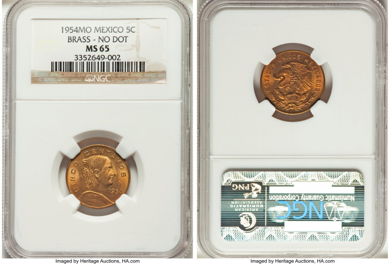 Estados Unidos brass 5 Centavos 1954-Mo MS65 NGC, KM426. No dot variety. A scint...