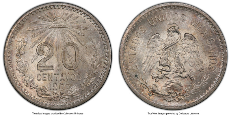 Estados Unidos 20 Centavos 1907-M MS66 PCGS, Mexico City mint, KM435. Straight 7...