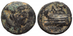 JUDAEA. Askalon. 2nd century BC. Ae (1.51 g, 13 mm). Turreted, veiled and draped bust of Tyche right. rev. AΣ, prow of galley left. Rosenberger 49; HG...