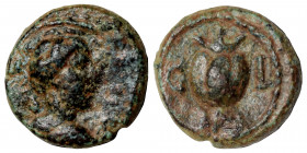 PAMPHYLIA. Side. Circa 2nd century BC. Ae (bronze, 2.16 g, 13 mm). Head of Artemis right, quiver over shoulder. Rev. Pomegranate; C-I flanking. SNG vo...